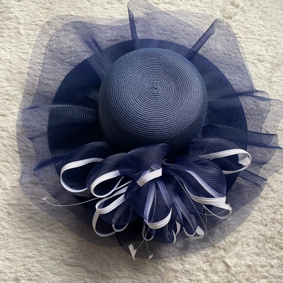 NEW Derby Hat Church Formal Dress Navy Royal Blue and White Feather Fascinator - Picture 5 of 10